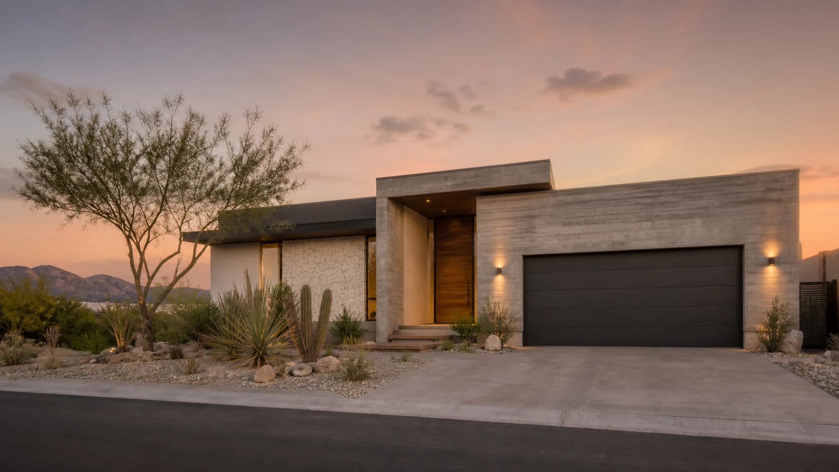 Casa contemporánea con paisajismo desértico al atardecer